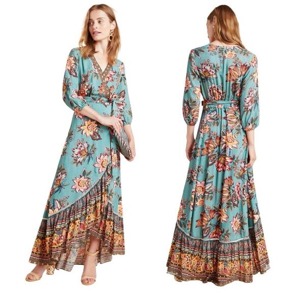 nwot FARM RIO Dress M Wrap Floral Fit&Flare Ruffle-Curve-Hem Balloon-3/4Sl”Viera